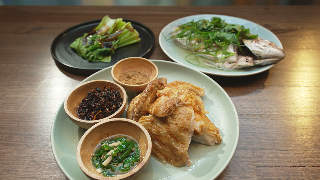 Crispy Skin Chicken, Steamed Fish and Asian Greens-image